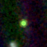 Colour composite: F444W red, F356W green, F277W blue, 3.2 arcsec across, north up