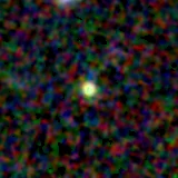 Colour composite: F444W red, F356W green, F277W blue, 3.2 arcsec across, north up