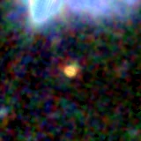 Colour composite: F444W red, F356W green, F277W blue, 3.2 arcsec across, north up