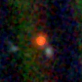 Colour composite: F444W red, F356W green, F277W blue, 3.2 arcsec across, north up