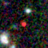 Colour composite: F444W red, F356W green, F277W blue, 3.2 arcsec across, north up