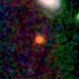 Colour composite: F444W red, F356W green, F277W blue, 3.2 arcsec across, north up
