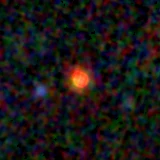 Colour composite: F444W red, F356W green, F277W blue, 3.2 arcsec across, north up