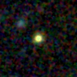 Colour composite: F444W red, F356W green, F277W blue, 3.2 arcsec across, north up
