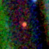 Colour composite: F444W red, F356W green, F277W blue, 3.2 arcsec across, north up