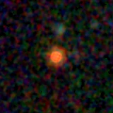 Colour composite: F444W red, F356W green, F277W blue, 3.2 arcsec across, north up