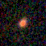 Colour composite: F444W red, F356W green, F277W blue, 3.2 arcsec across, north up