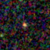Colour composite: F444W red, F356W green, F277W blue, 3.2 arcsec across, north up
