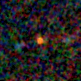 Colour composite: F444W red, F356W green, F277W blue, 3.2 arcsec across, north up