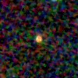 Colour composite: F444W red, F356W green, F277W blue, 3.2 arcsec across, north up