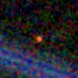 Colour composite: F444W red, F356W green, F277W blue, 3.2 arcsec across, north up