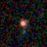 Colour composite: F444W red, F356W green, F277W blue, 3.2 arcsec across, north up