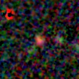 Colour composite: F444W red, F356W green, F277W blue, 3.2 arcsec across, north up