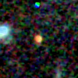 Colour composite: F444W red, F356W green, F277W blue, 3.2 arcsec across, north up