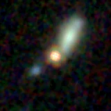Colour composite: F444W red, F356W green, F277W blue, 3.2 arcsec across, north up