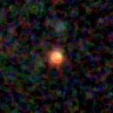 Colour composite: F444W red, F356W green, F277W blue, 3.2 arcsec across, north up