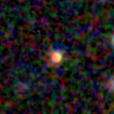 Colour composite: F444W red, F356W green, F277W blue, 3.2 arcsec across, north up