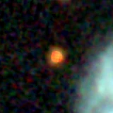 Colour composite: F444W red, F356W green, F277W blue, 3.2 arcsec across, north up