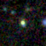 Colour composite: F444W red, F356W green, F277W blue, 3.2 arcsec across, north up