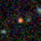 Colour composite: F444W red, F356W green, F277W blue, 3.2 arcsec across, north up