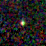 Colour composite: F444W red, F356W green, F277W blue, 3.2 arcsec across, north up