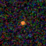 Colour composite: F444W red, F356W green, F277W blue, 3.2 arcsec across, north up