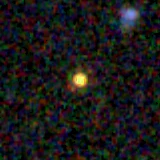 Colour composite: F444W red, F356W green, F277W blue, 3.2 arcsec across, north up