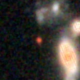 Colour composite: F444W red, F356W green, F277W blue, 3.2 arcsec across, north up