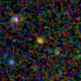 Colour composite: F444W red, F356W green, F277W blue, 3.2 arcsec across, north up