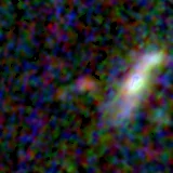 Colour composite: F444W red, F356W green, F277W blue, 3.2 arcsec across, north up