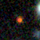 Colour composite: F444W red, F356W green, F277W blue, 3.2 arcsec across, north up