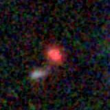 Colour composite: F444W red, F356W green, F277W blue, 3.2 arcsec across, north up