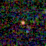 Colour composite: F444W red, F356W green, F277W blue, 3.2 arcsec across, north up