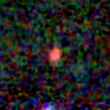 Colour composite: F444W red, F356W green, F277W blue, 3.2 arcsec across, north up