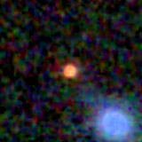 Colour composite: F444W red, F356W green, F277W blue, 3.2 arcsec across, north up