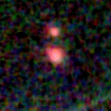 Colour composite: F444W red, F356W green, F277W blue, 3.2 arcsec across, north up
