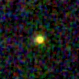 Colour composite: F444W red, F356W green, F277W blue, 3.2 arcsec across, north up