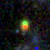 Colour composite: F444W red, F356W green, F277W blue, 3.2 arcsec across, north up