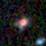 Colour composite: F444W red, F356W green, F277W blue, 3.2 arcsec across, north up