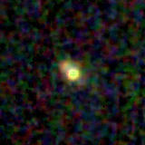 Colour composite: F444W red, F356W green, F277W blue, 3.2 arcsec across, north up