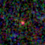 Colour composite: F444W red, F356W green, F277W blue, 3.2 arcsec across, north up