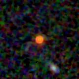 Colour composite: F444W red, F356W green, F277W blue, 3.2 arcsec across, north up