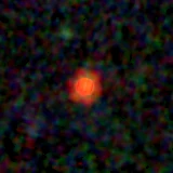 Colour composite: F444W red, F356W green, F277W blue, 3.2 arcsec across, north up