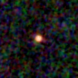 Colour composite: F444W red, F356W green, F277W blue, 3.2 arcsec across, north up