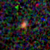 Colour composite: F444W red, F356W green, F277W blue, 3.2 arcsec across, north up