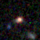Colour composite: F444W red, F356W green, F277W blue, 3.2 arcsec across, north up