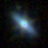 Colour composite: F444W red, F356W green, F277W blue, 3.2 arcsec across, north up