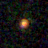 Colour composite: F444W red, F356W green, F277W blue, 3.2 arcsec across, north up