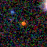 Colour composite: F444W red, F356W green, F277W blue, 3.2 arcsec across, north up