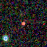 Colour composite: F444W red, F356W green, F277W blue, 3.2 arcsec across, north up